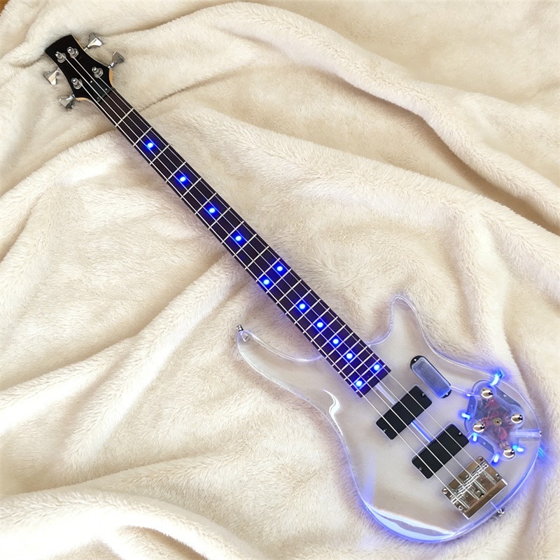 Custom Blue LED Light Electric Bass Guitar 4 String Acrylic Bone Nut H-H Pickups