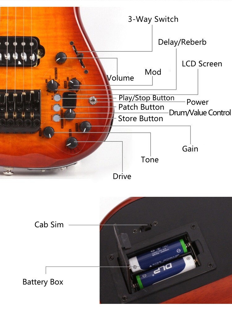 Headless electric guitar travel built in effect drum silent portable