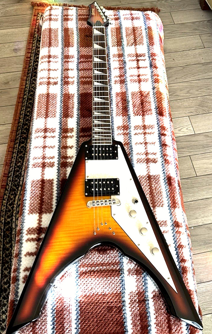 Brownsville Vintage Flying V Electric Guitar 6 String Solid Body Sunburst Tobacc