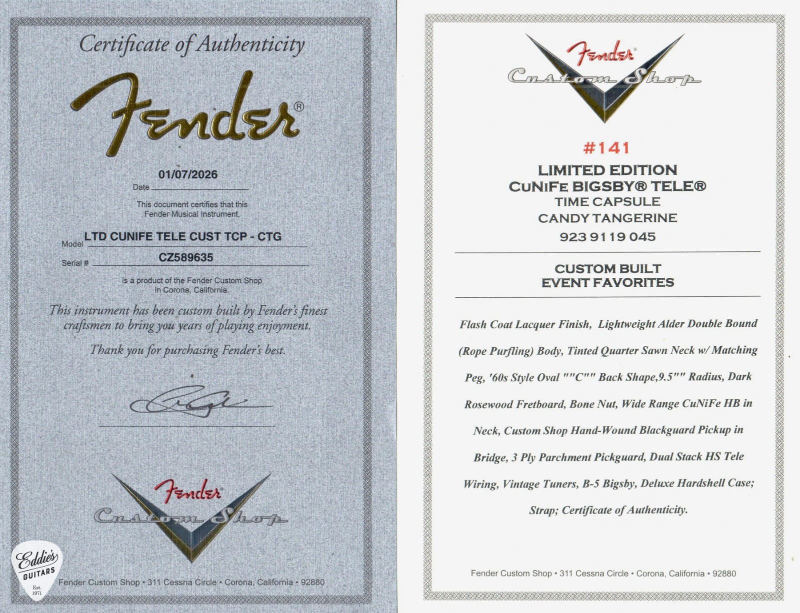 Fender Custom Shop Limited Edition CuNiFe Time Capsule Tele – Candy Tangerine