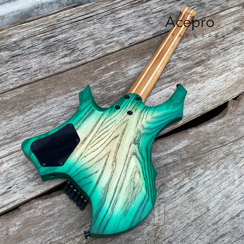 Green Burst Headless Electric Guitar Jumbo Stainless Steel Oblique Fret Ash Body