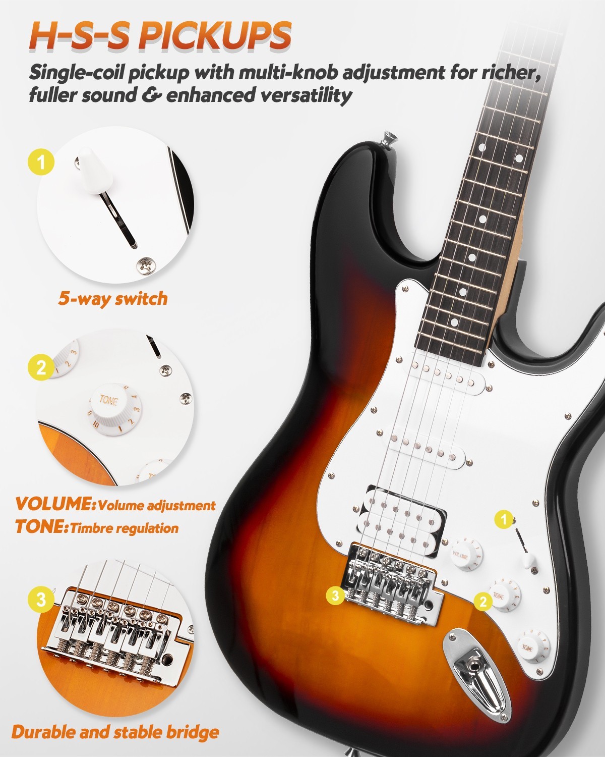 STRICH Electric Guitar Beginner Kit 39″ Full Size HSS Guitar SST-S20 Sunburst
