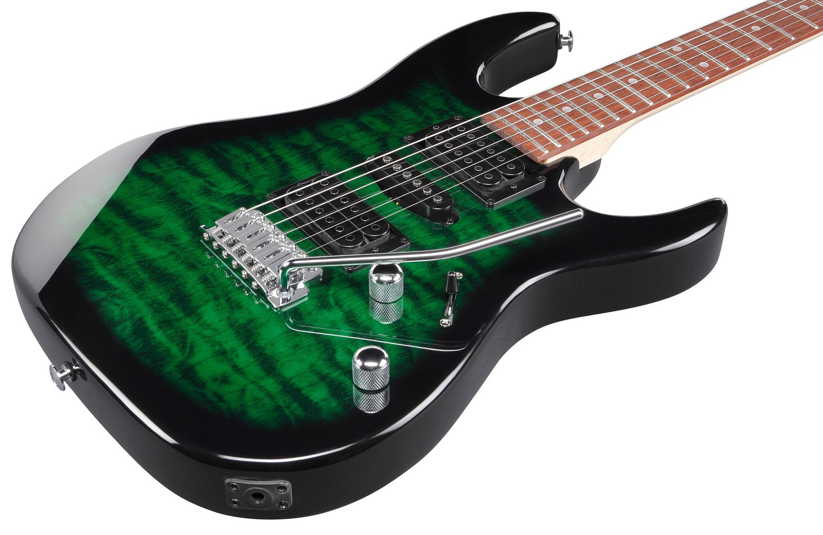 Ibanez GRX70QA RG Gio Electric Guitar – Transparent Emerald Burst w/ Amplifier