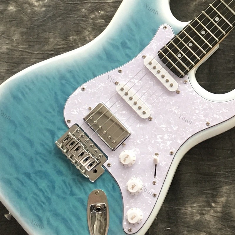 Electric Guitar SSH Pickups White Pearloid Pickguard Quilted Maple Teal Burst