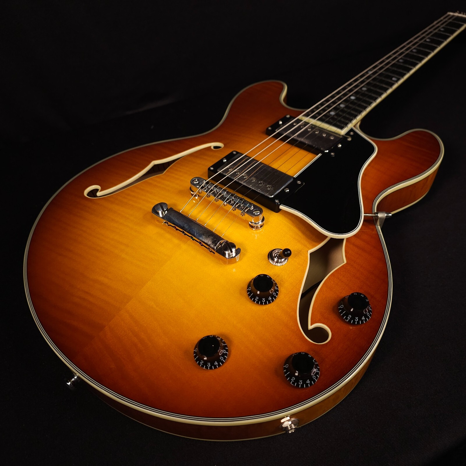 Eastman 2024 T484 Gold Burst Finish Flame Maple Thinline Guitar, Hard Case