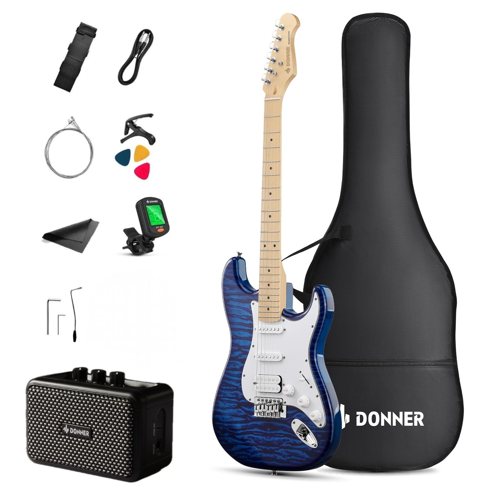 Donner DST-95 Electric Guitar + Amplifier & Gig Bag Tremolo Bar | Indigo Blue