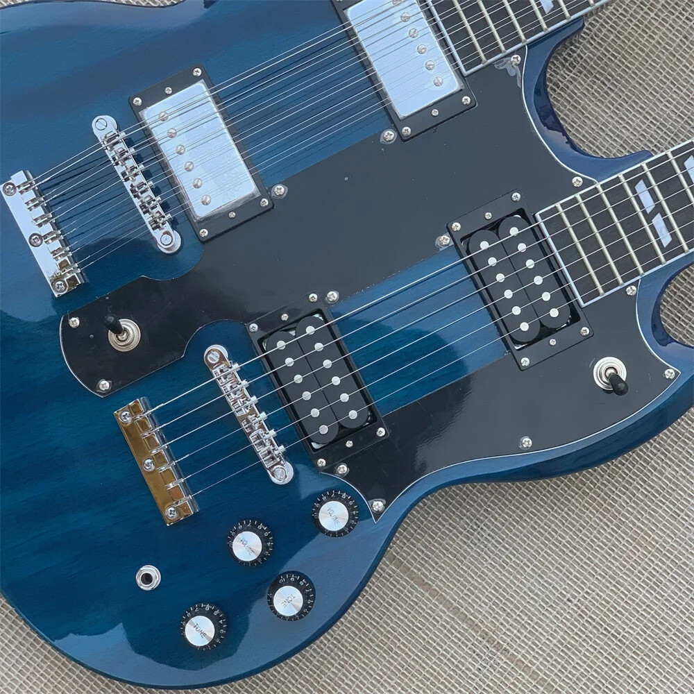 Blue 12 & 6 Strings Slash Double Neck Electric Guitar Split Parallelogram Inlay