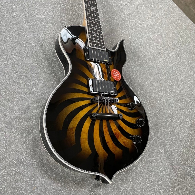 Hot Saled Solid Body Electric Guitar Gloss Black Golden Spiral Graphic Bone Nut