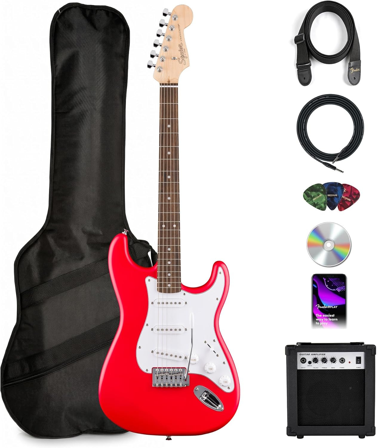 Fender Squier Stratocaster Torino Red Guitar Bundle Amp Gig Bag DVD Cable