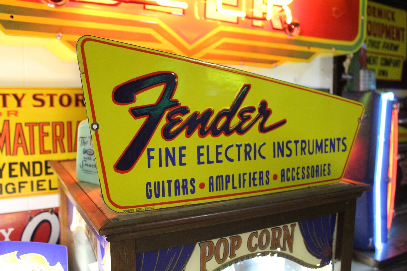 RARE LARGE FENDER GUITAR AUTHORIZED DEALER PORCELAIN METAL SIGN AMP ROCK BEATLES