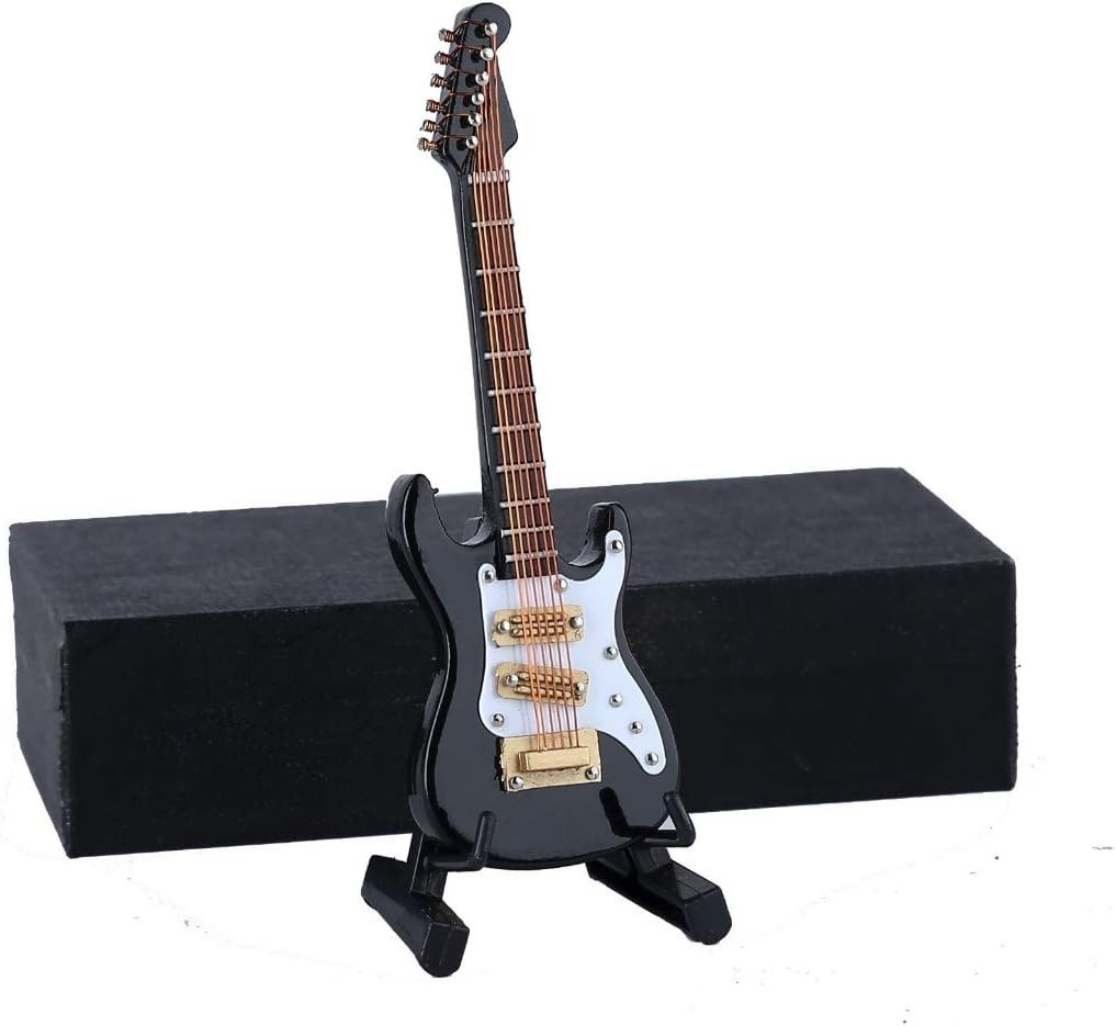 Miniature Electric Guitar Figurine 1:12 Scale Wooden Black Collectible with Case