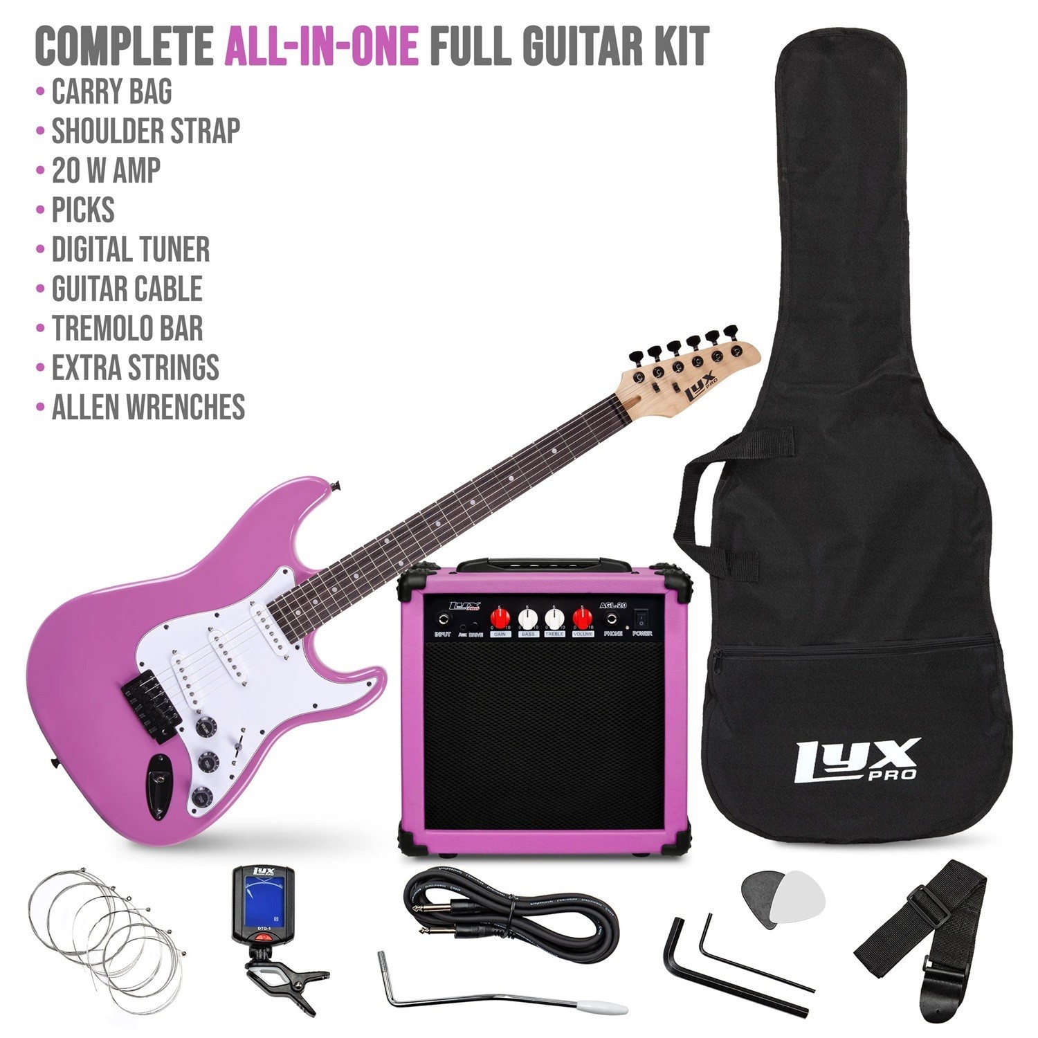 LyxPro 39in Electric Guitar Kit 20W Amp Tuner Picks Strap Case Full Retro Purple