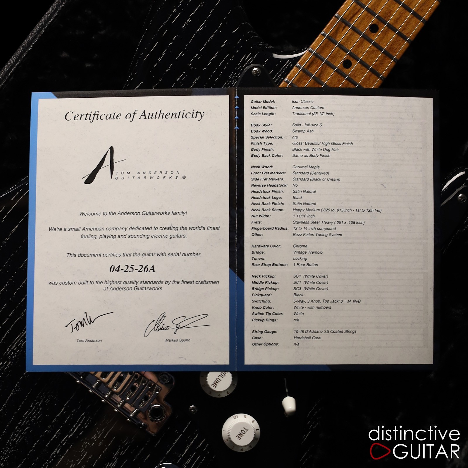 NEW TOM ANDERSON GUITARWORKS ICON CLASSIC – BLACK W/ WHITE DOG HAIR