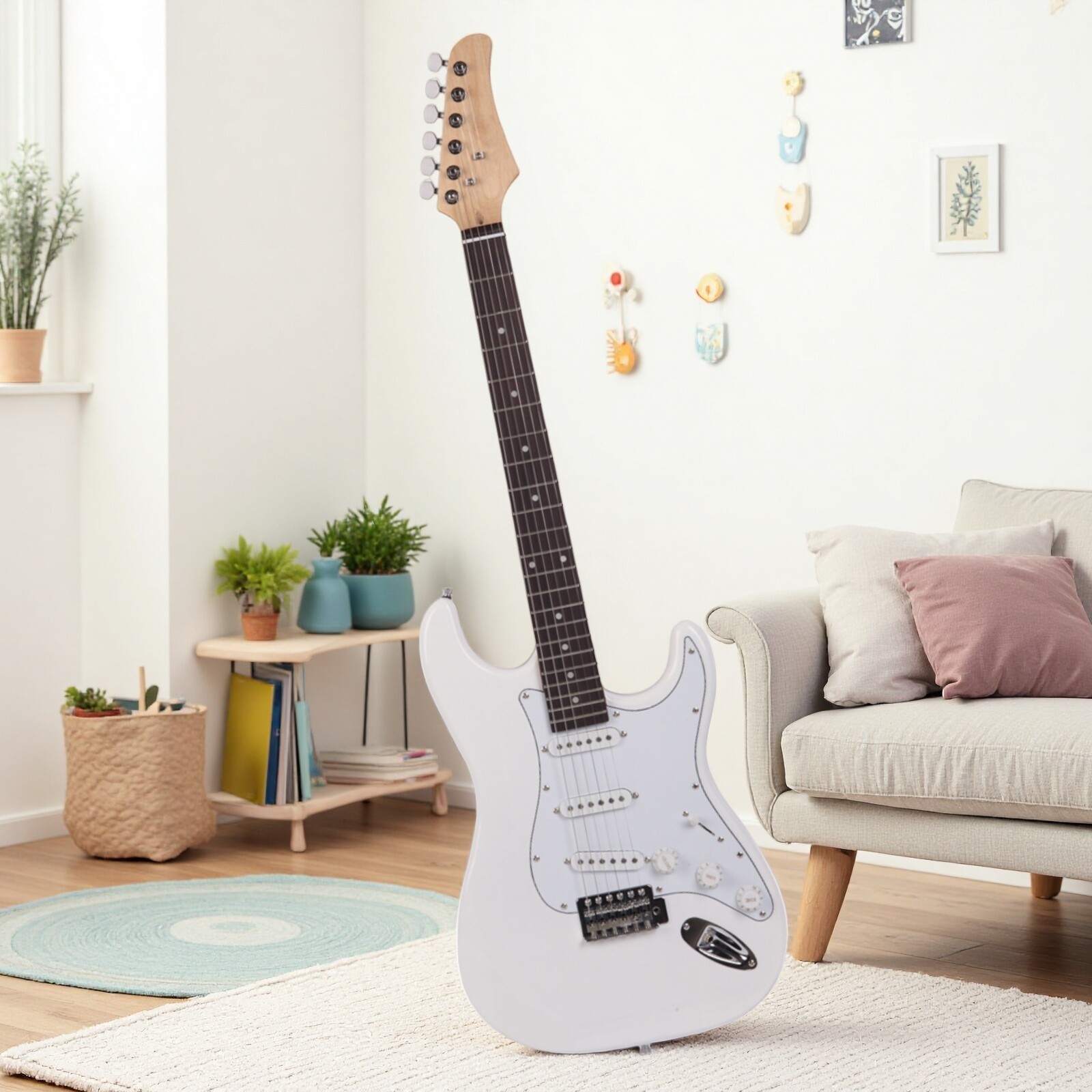 39″ Beginner S-Style Electric Guitar Set – Tremolo Full Size SSS-Pickups White