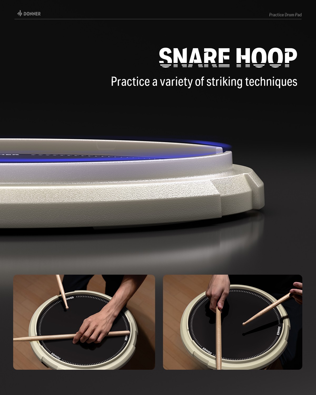 Donner 12 Inch Snare Drum Practice Pad Quiet Silicone Built-in Steel Balls