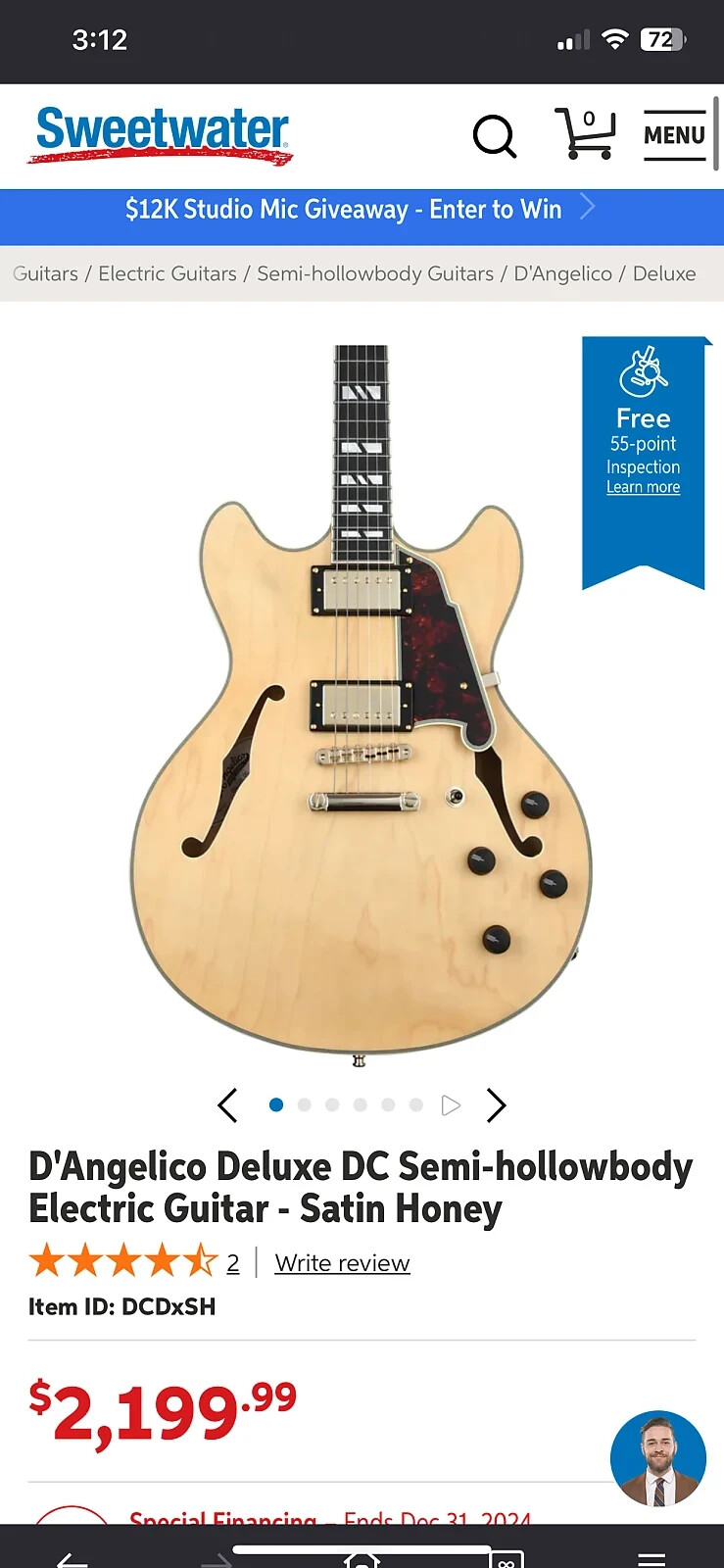 D’Angelico Deluxe DC Semi-hollowbody Electric Guitar – Satin Honey – full size