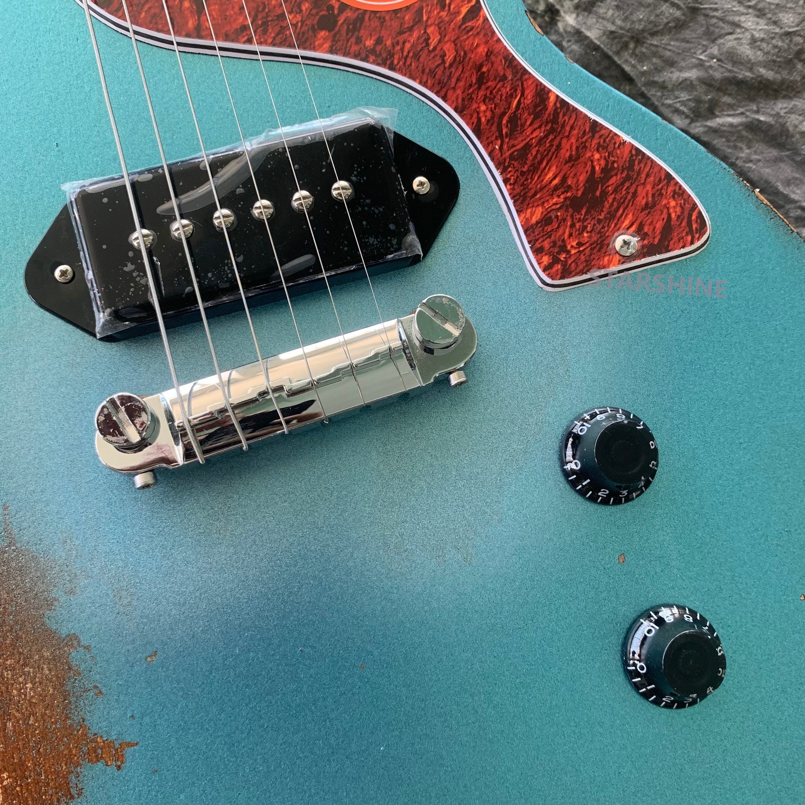 Blue Flat top Electric Guitar aged Mahogany Body&Neck Chrome part P90 pickups