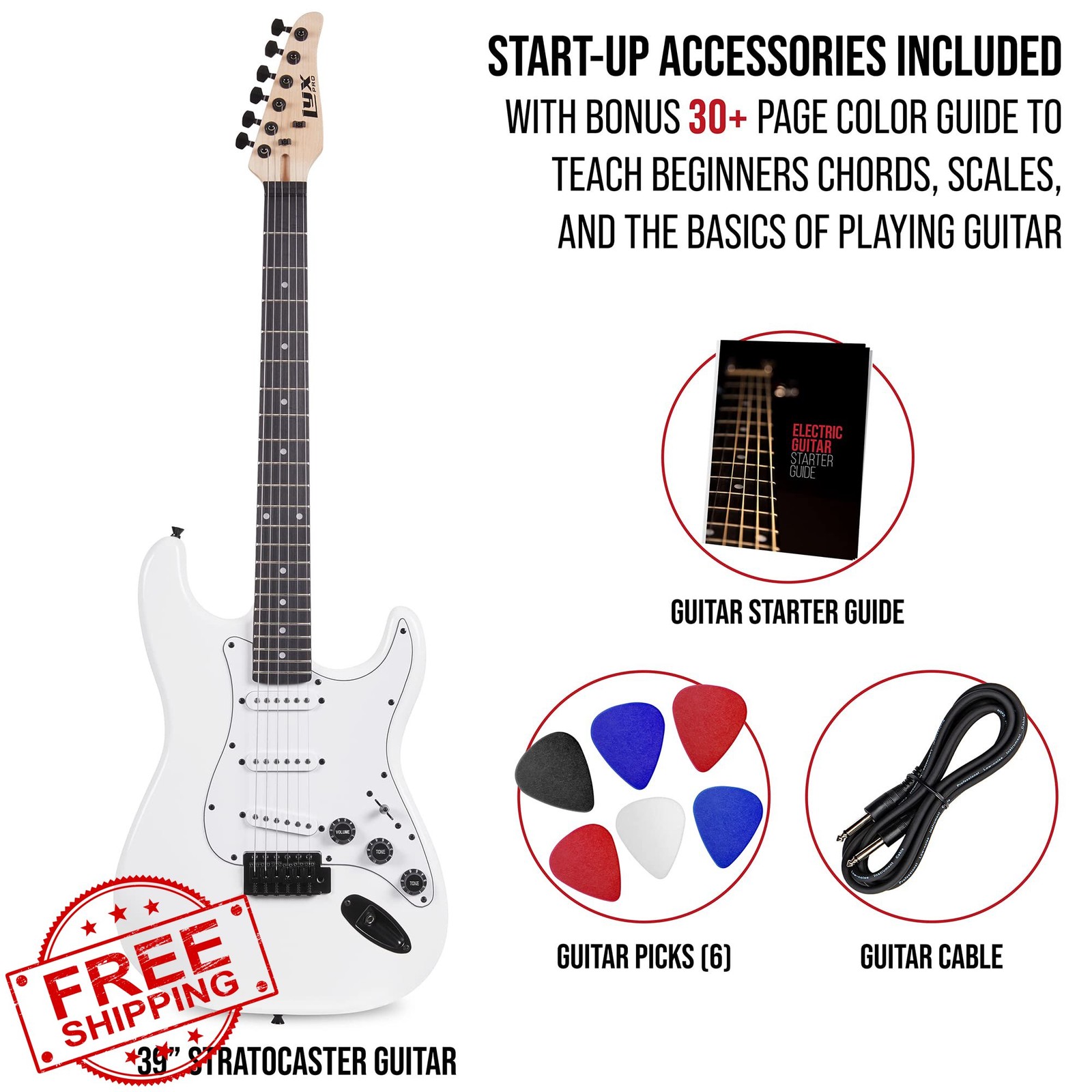 LyxPro 39” White Electric Guitar Kit Beginner Amp Picks Guide