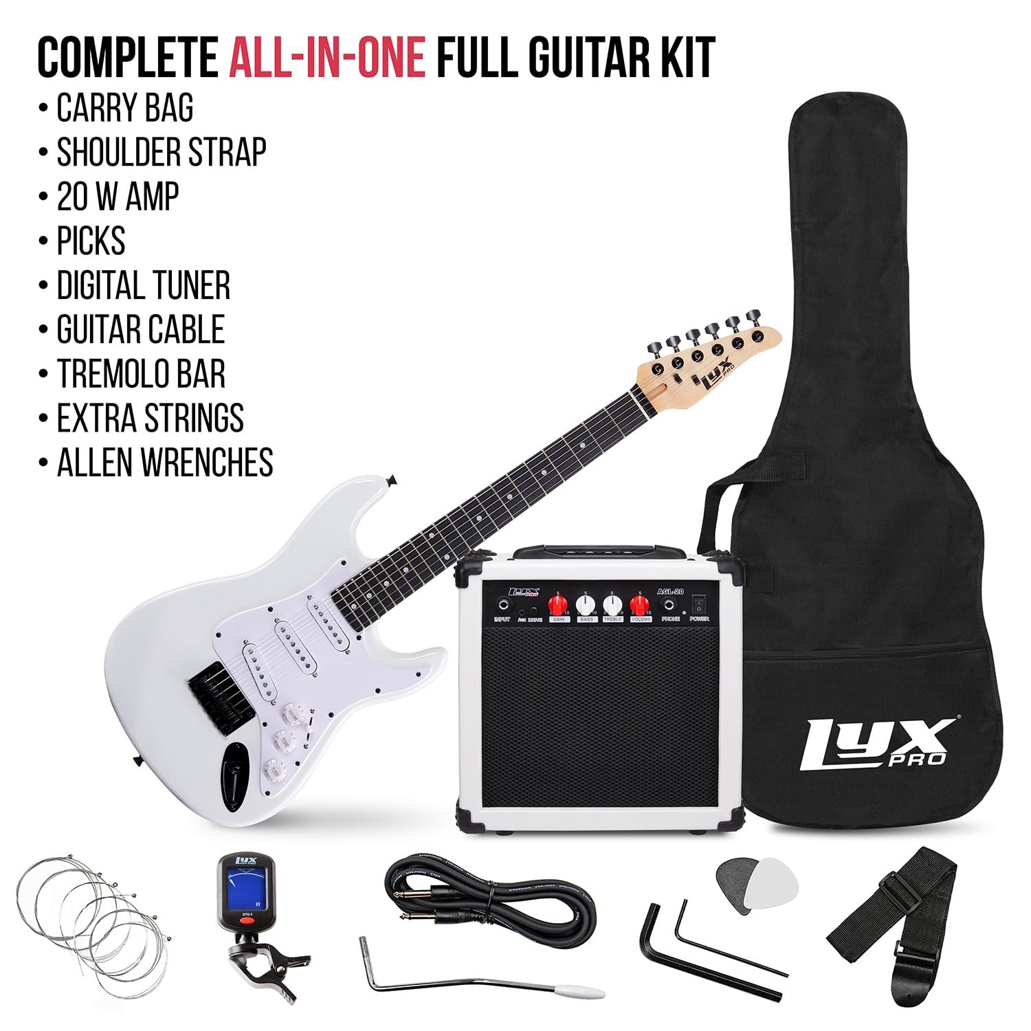 LyxPro 36in Electric Guitar Kit 20W Amp Tuner Picks Strap Case Fullset White
