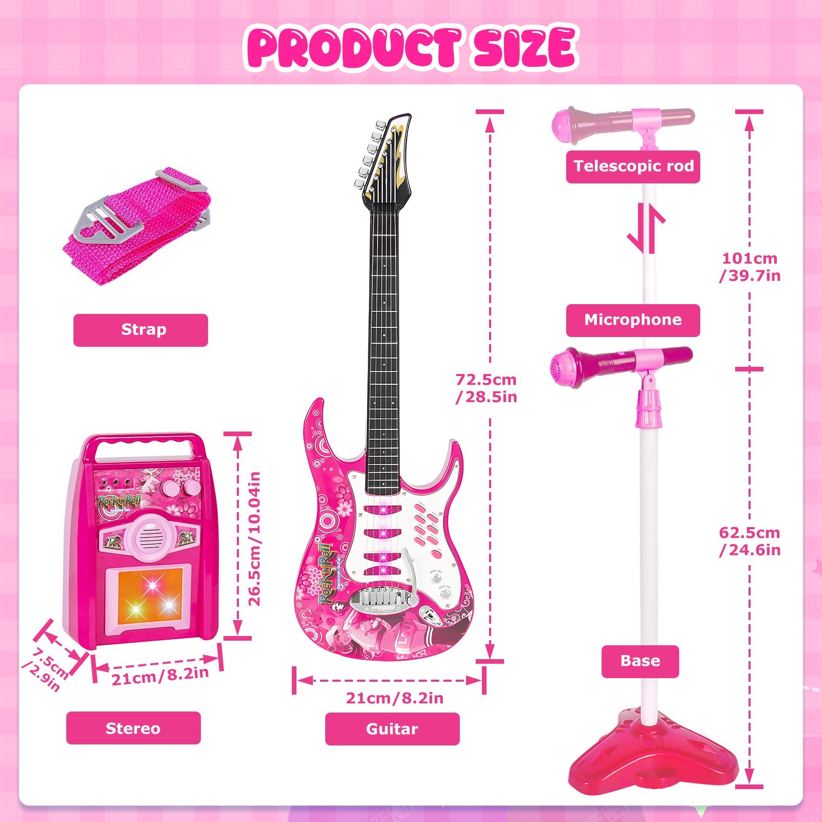 Kids Pink Karaoke Electric Guitar Set MP3 Player Learning Toys Microphone, Amp