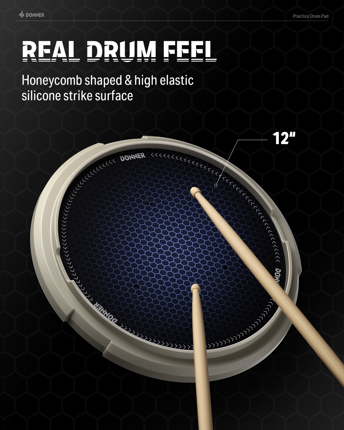 Donner 12 Inch Snare Drum Practice Pad Quiet Silicone Built-in Steel Balls