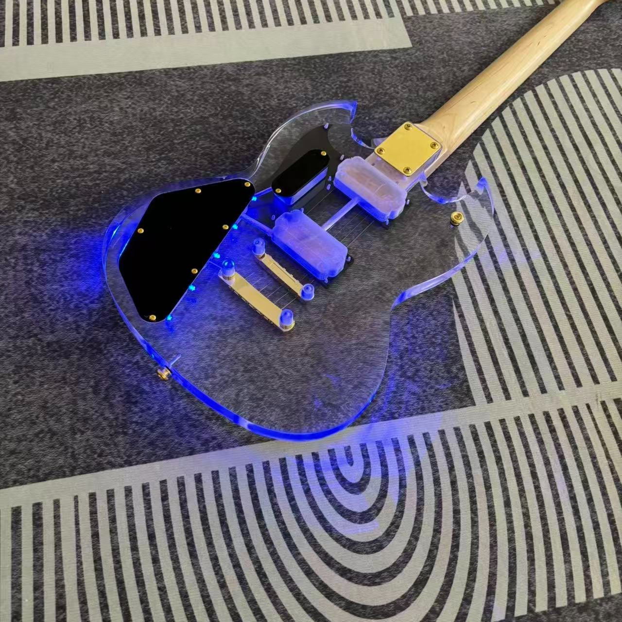 Blue Light Acrylic Electric Guitar Genuine Rosewood FB Maple Neck Golden Part