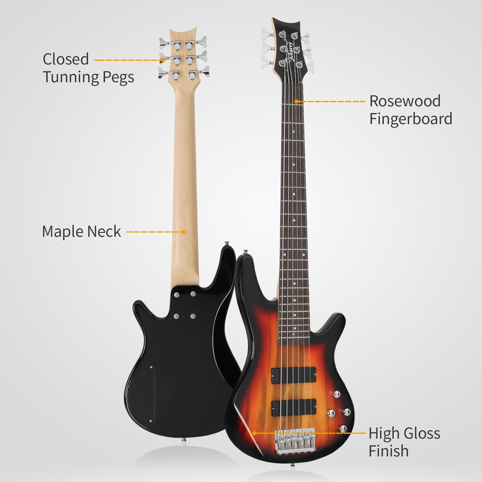 US 36″ Full Size GIB 6-String Electric Bass Guitar Sunset Color W/Bag Strap Pick