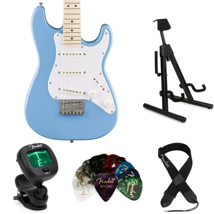 Squier Mini Stratocaster Electric Guitar Essentials Bundle – California Blue