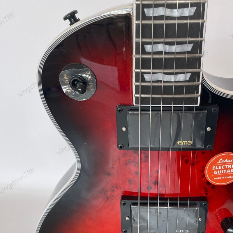 Solid Electric Guitar Red Burst Burl Top Stainless Fret Bone Nut Active pickups