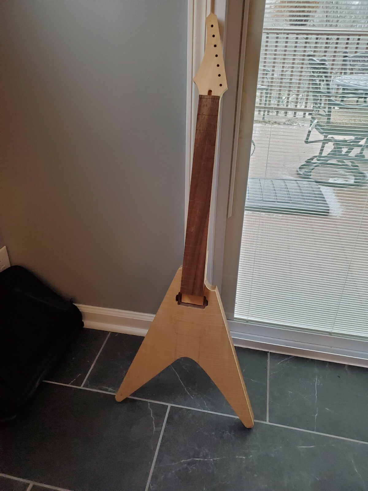 Custom guitar project 7 string flying v flame maple mahogany padauk unfinished