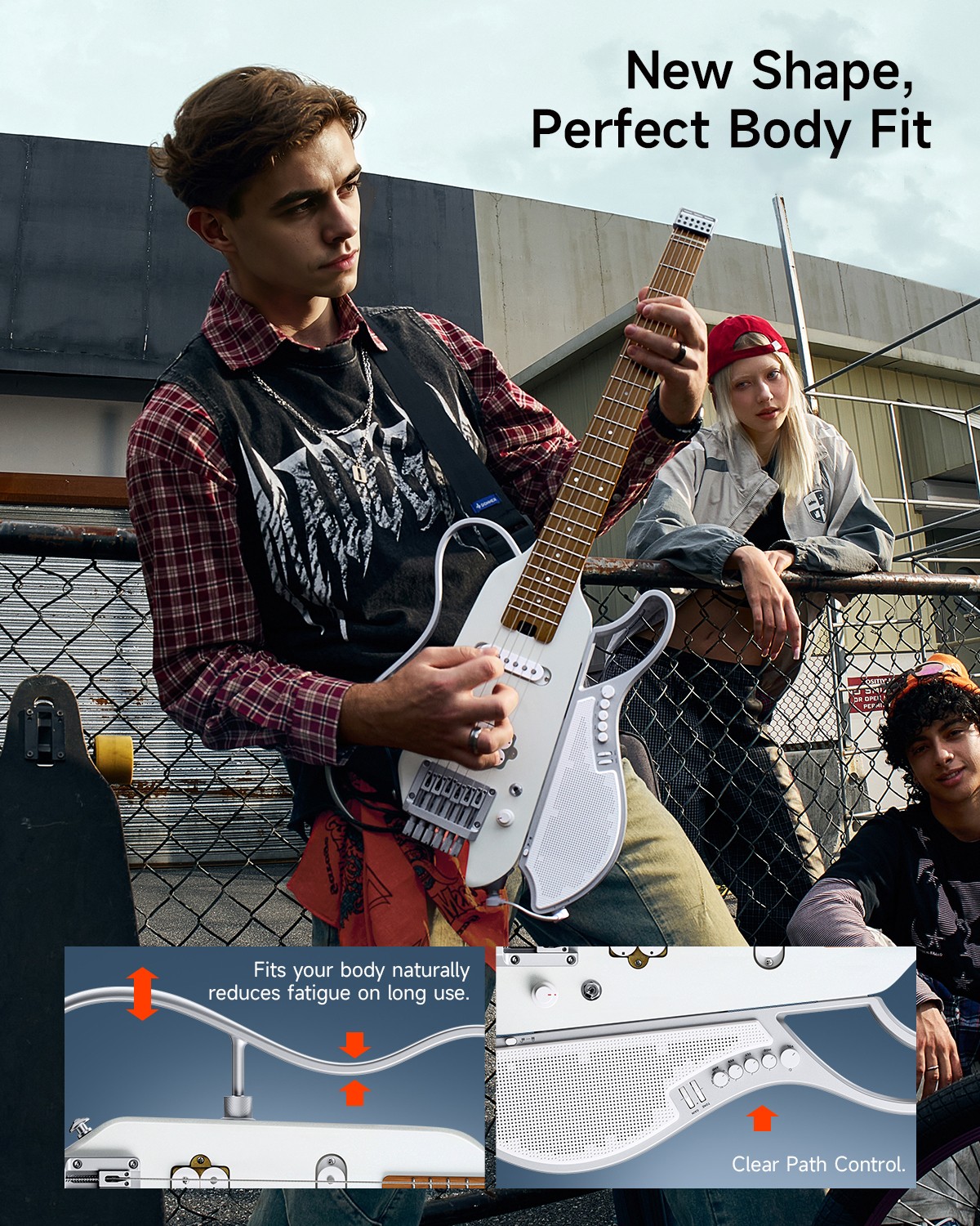 Donner HUSH-X Live White Electric Guitar Headless Body w/ Wireless Speaker