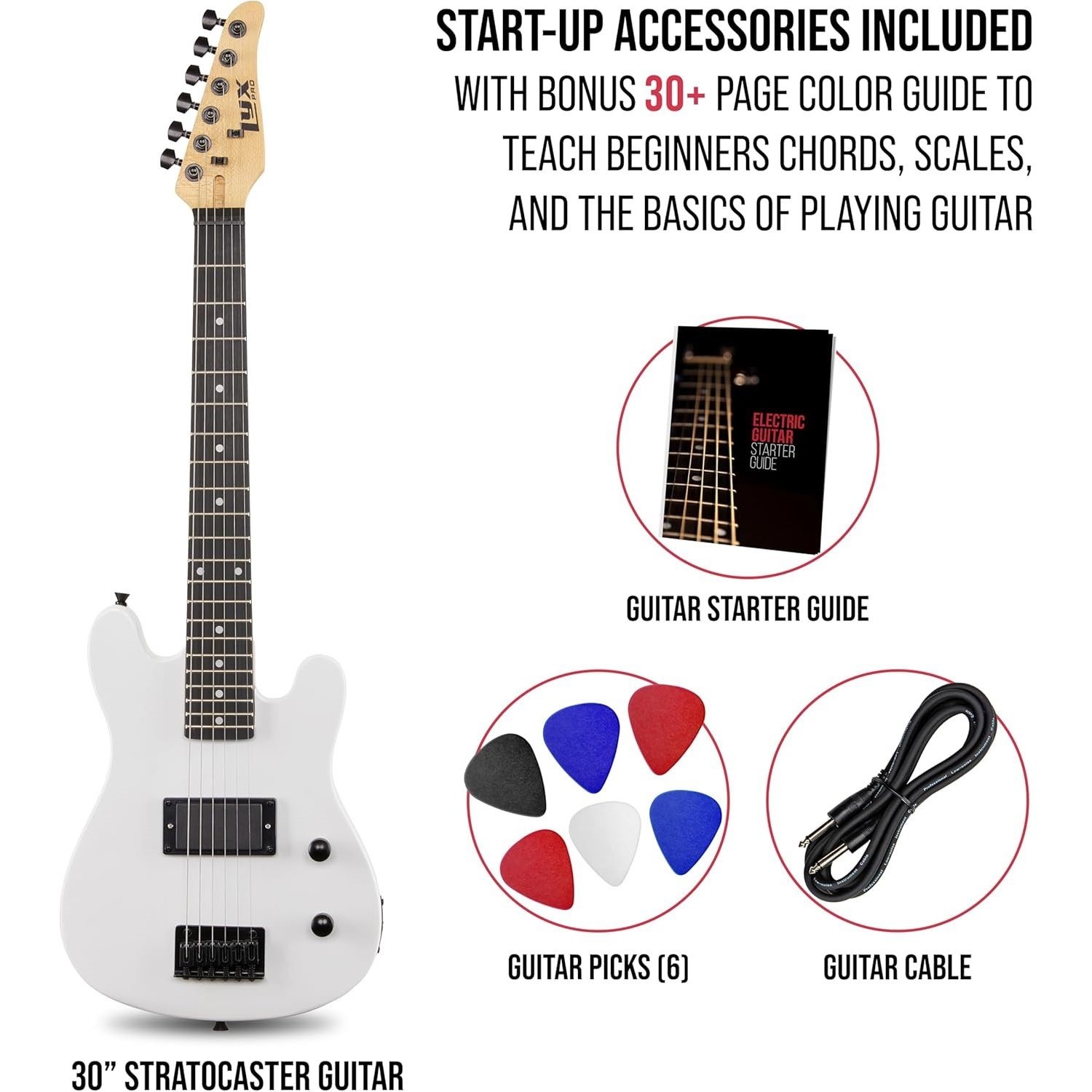 LyxPro CS 30in Electric Guitar Kit Amp Cable 6 Picks Guide Beginner White