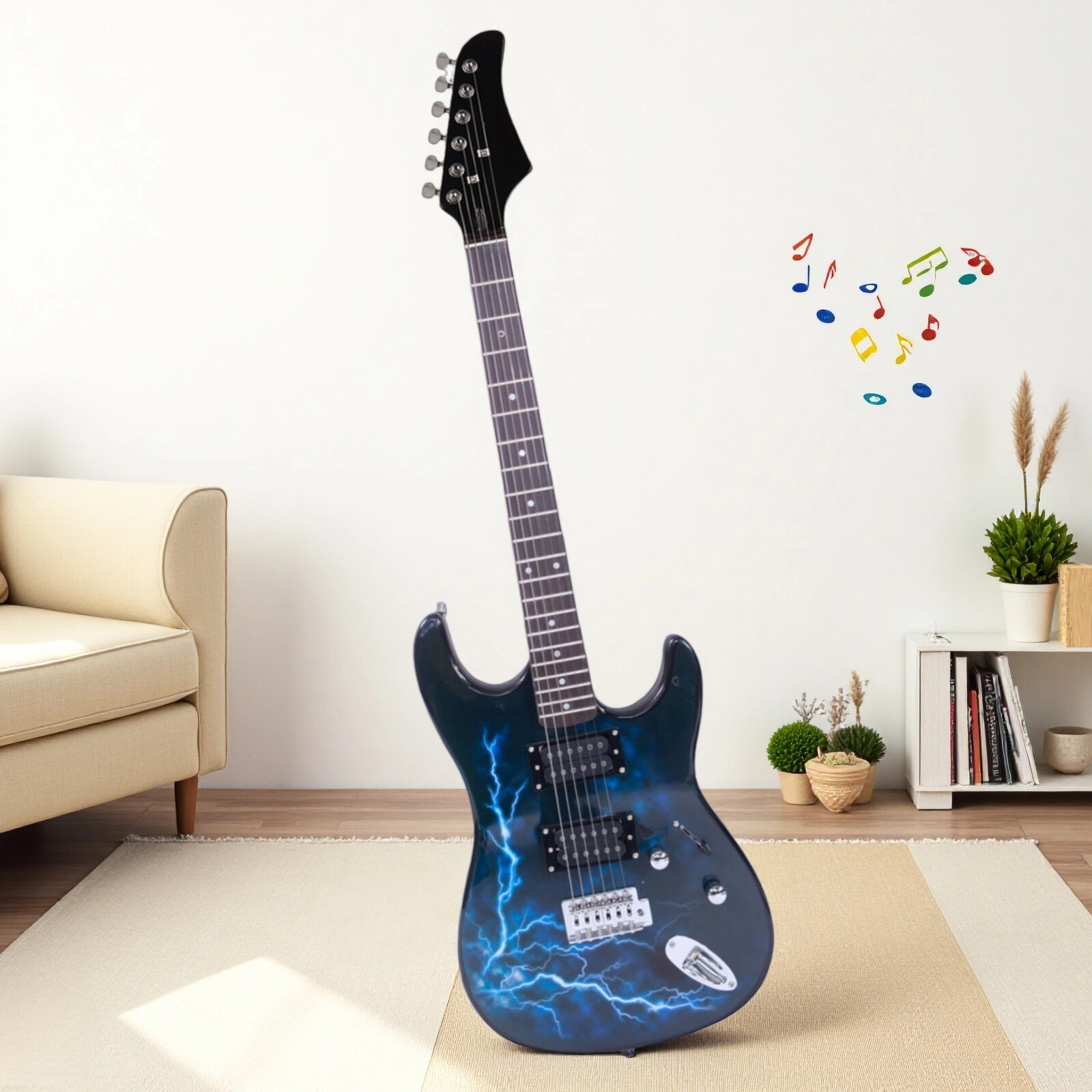 Stylish Black H-H Pickups ST-E Electric Guitar Set With Lightning Patterns