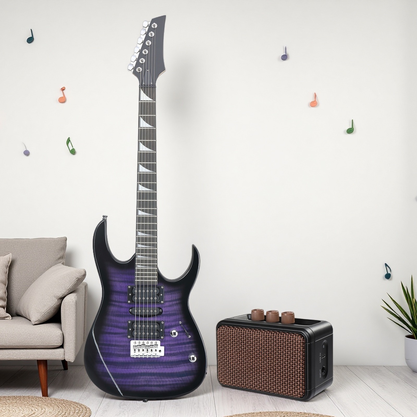 39″ Beginner Super Strat-Style Electric Guitar-Full Size HSH Amp Tremolo Purple