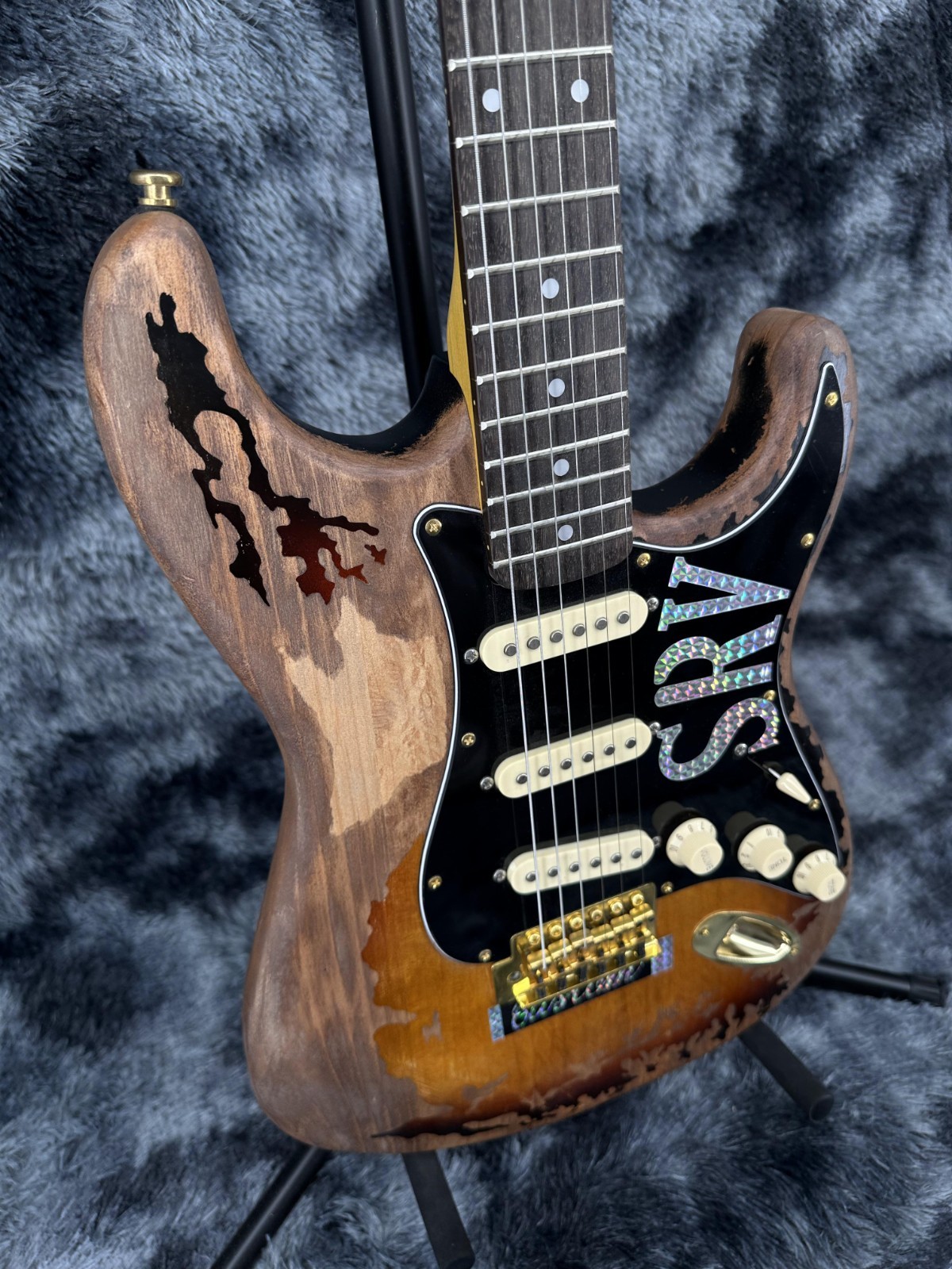 SRV Style ST Electric Guitar Relic Sunburst Wood Grain SSS Pickup Gold Hardware