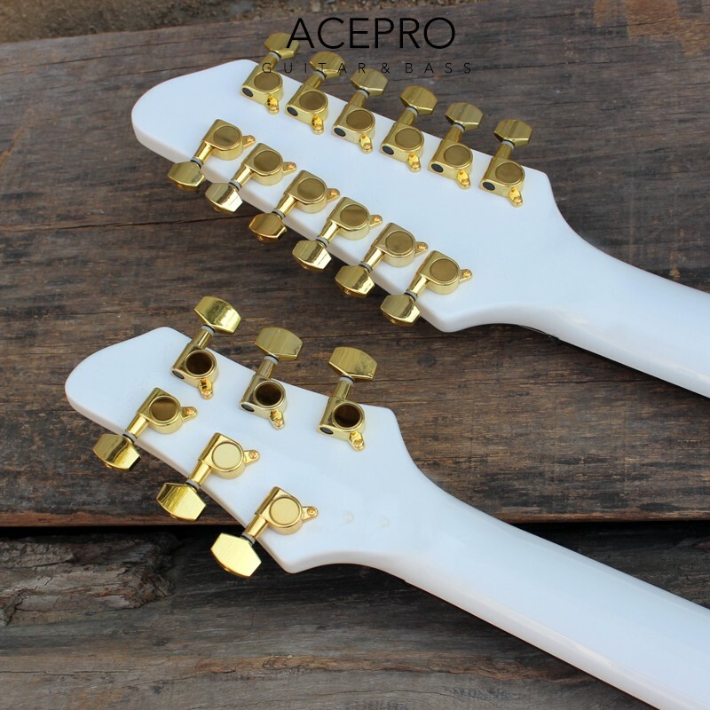 Acepro Double Neck White Electric Guitar Carved Top Abalone Custom Stem Inlays