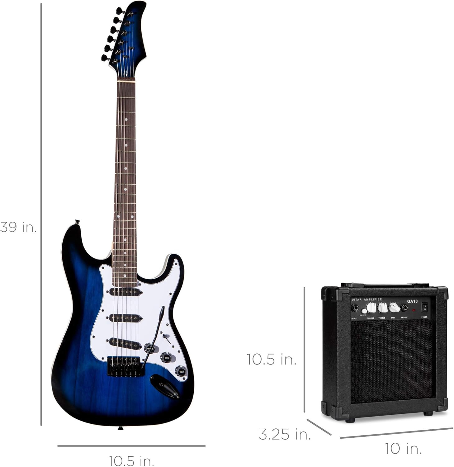 39In Full Size Beginner Electric Guitar Starter Kit W/Case, Strap, 10W Amp, Stri