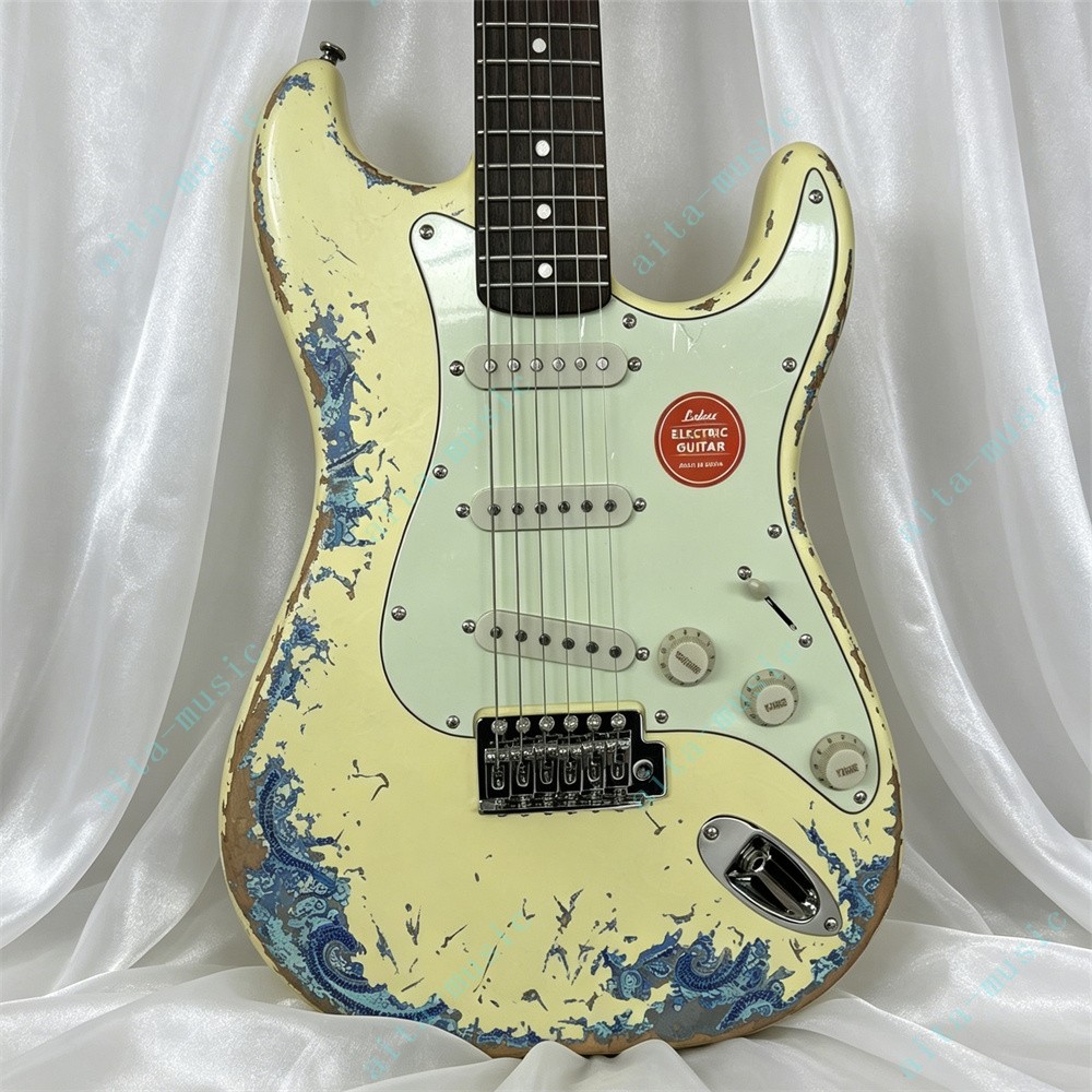 Solid Electric Guitar Stainless Rounded Fret Cream over Blue Paisley Fast Ship
