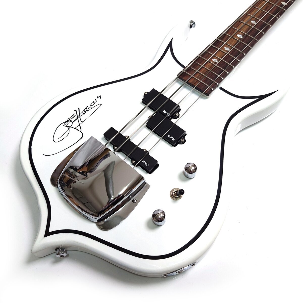 4 String Electric Bass Guitar White Flame Shape Dual Pickup Chrome Hardware