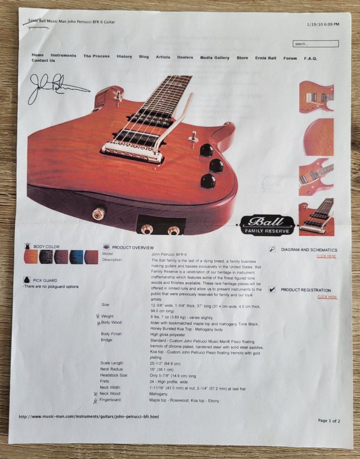 Ernie Ball Music Man BFR6 John Petrucci Island Burst Koa Wood Top