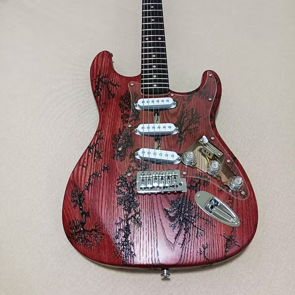 6 String red Ash Lightning Struck Wood Electric Guitar