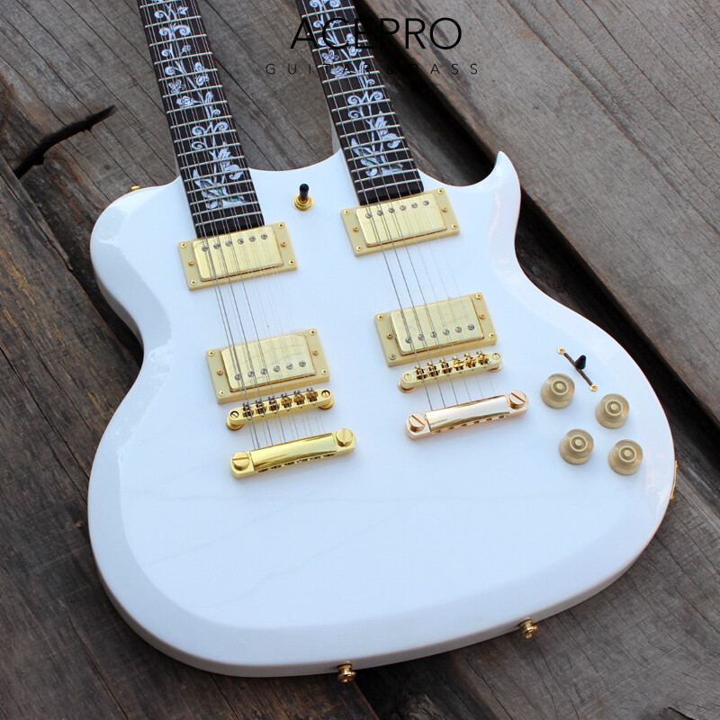 Acepro Double Neck White Electric Guitar Carved Top Abalone Custom Stem Inlays