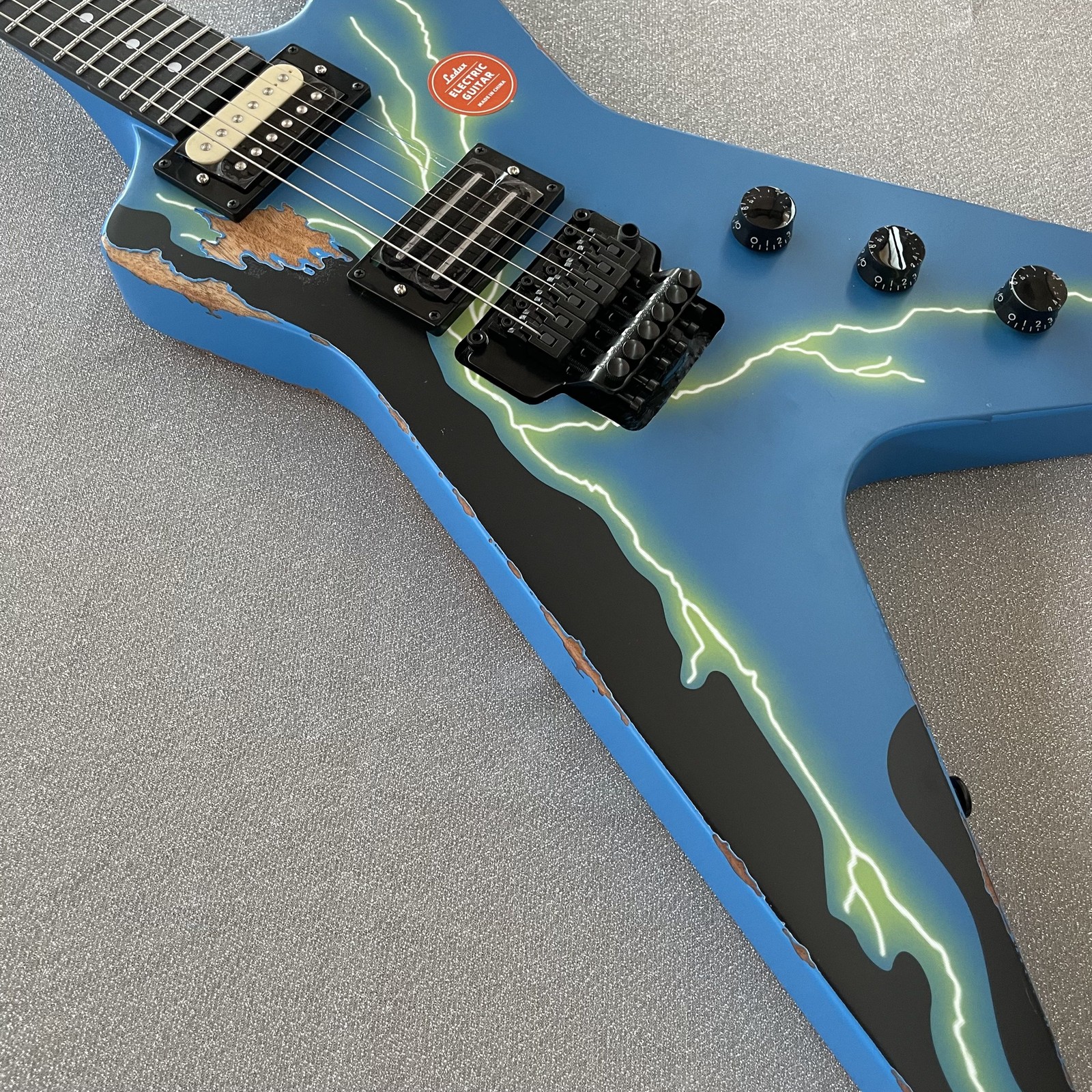 Aged Electric Guitar Tremolo H-H Pickups Blue Finish Black HW Lightning Pattern