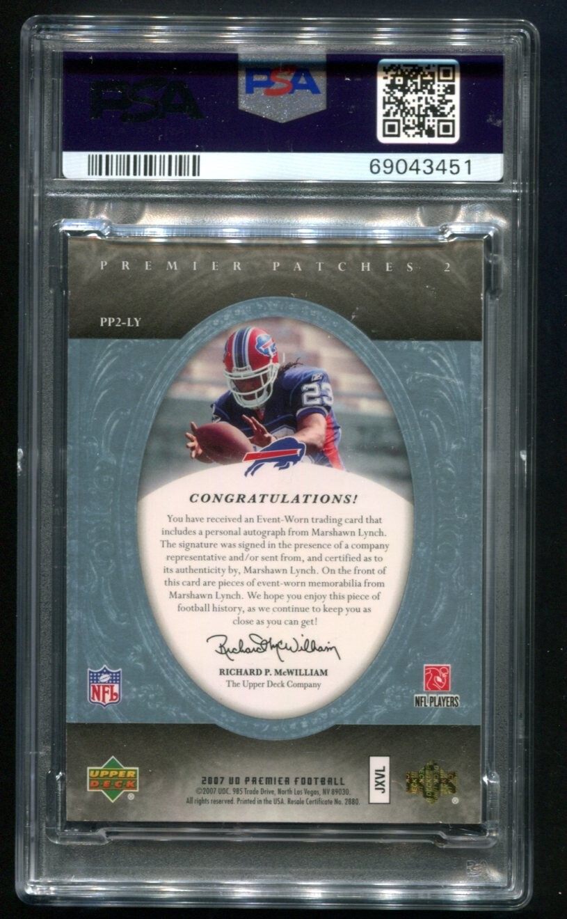 2007 UD Premier Marshawn Lynch Premier Patches 2 RC AUTO 11/25 PSA 8 NM-MT