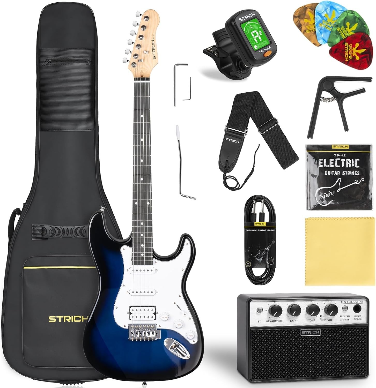 Electric Guitar Beginner Kit, Solid Body 39″, Midnight Blue Burst, HSS Pick U…