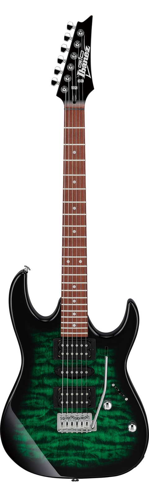 Ibanez GRX70QA RG Gio Electric Guitar – Transparent Emerald Burst w/ Amplifier