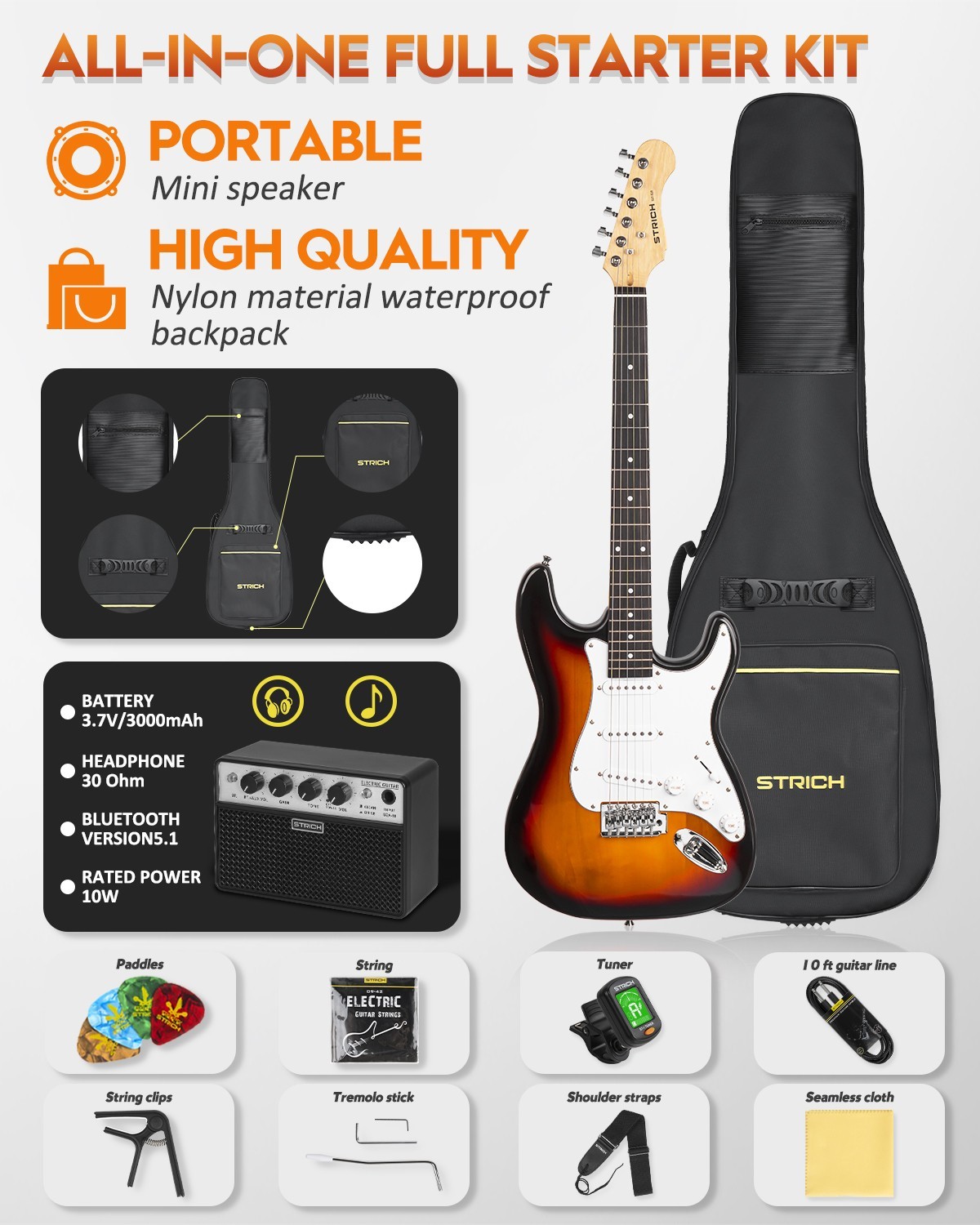 STRICH Electric Guitar Beginner Kit 39″ Full Size Electric Guitar Starter w/ Amp