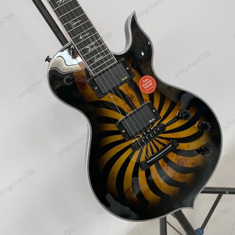 Hot Saled Solid Body Electric Guitar Gloss Black Golden Spiral Graphic Bone Nut