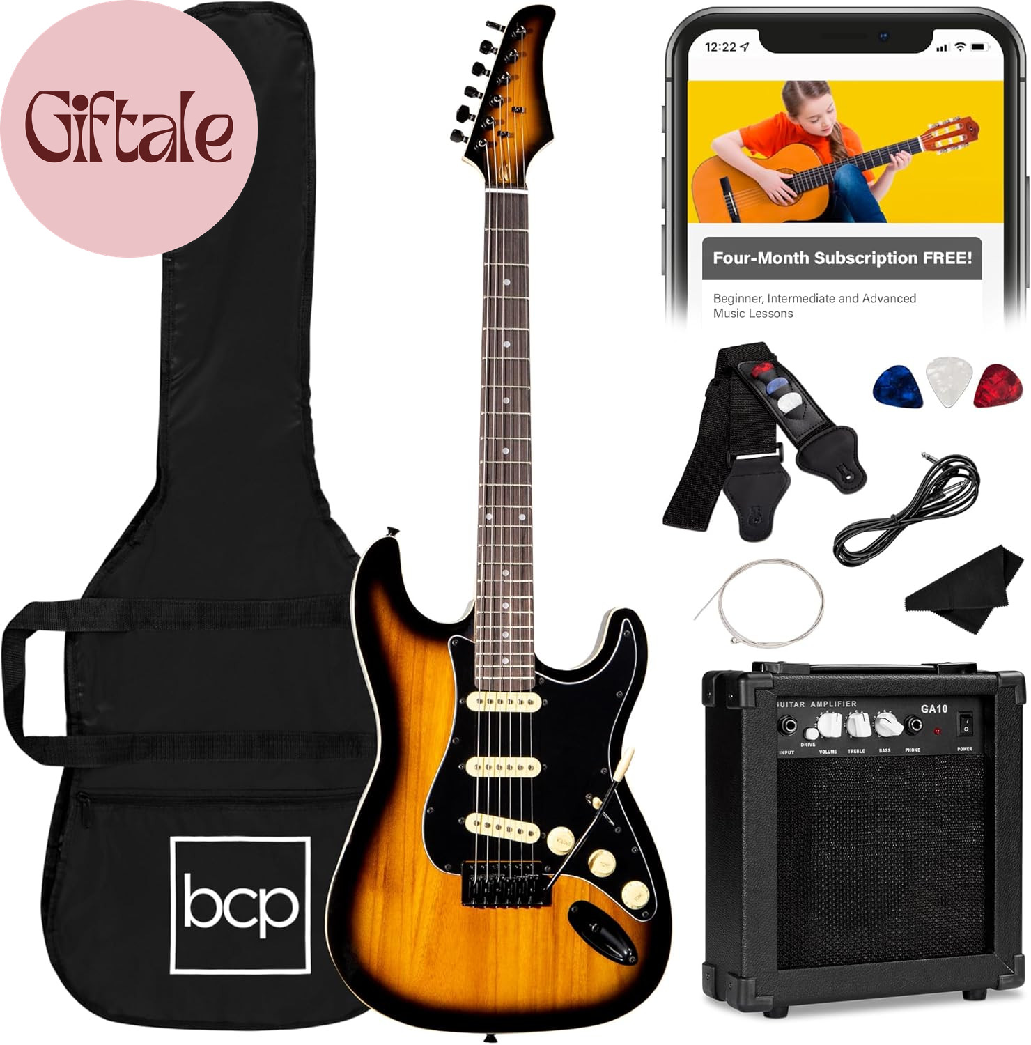 39In Full Size Beginner Electric Guitar Starter Kit W/Case, Strap, 10W Amp, Stri