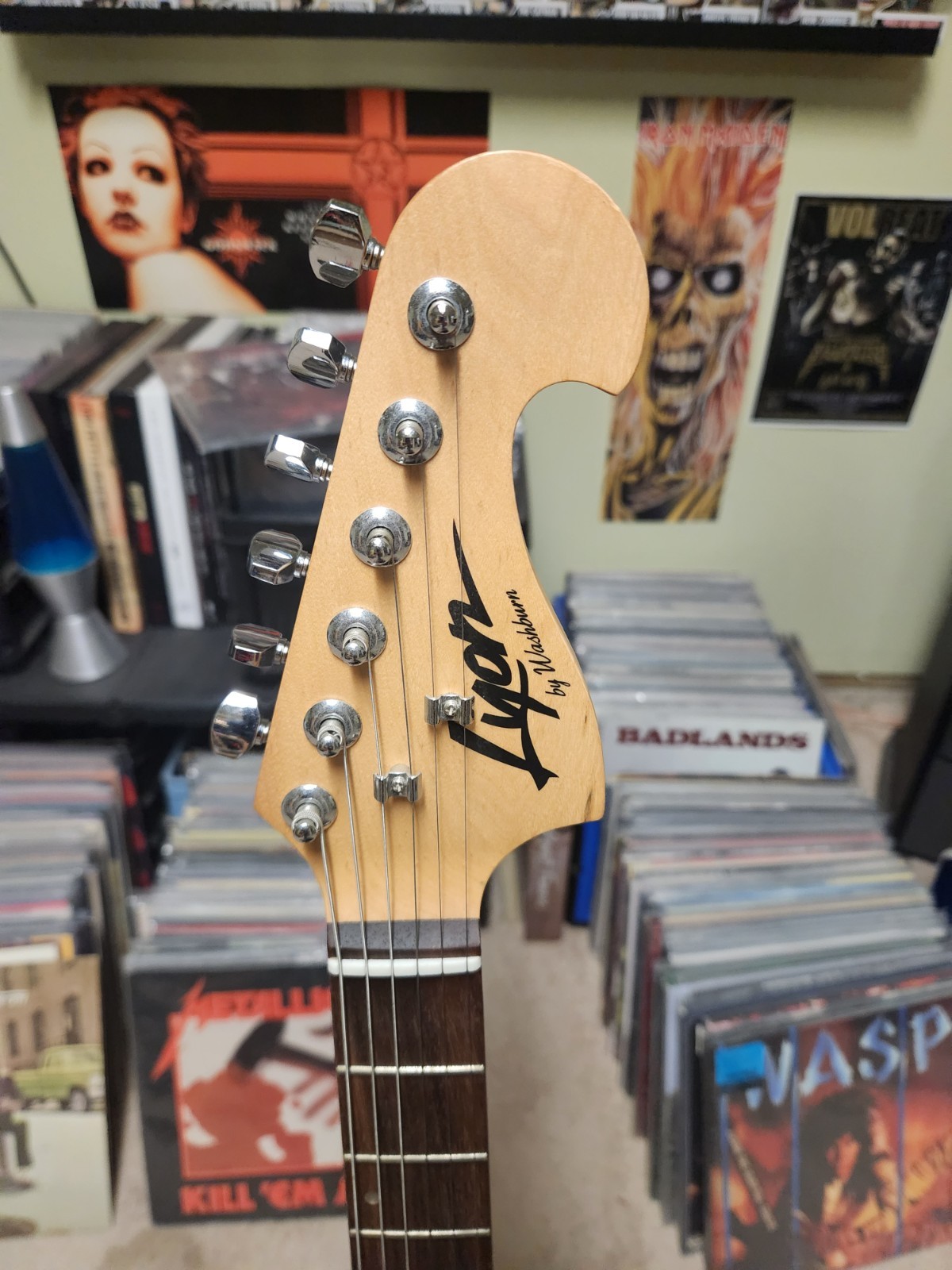 Lyon by Washburn Electric Guitar HSS Strat Style Black Maple Neck With Strap Bag